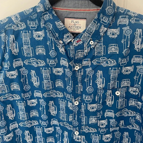 Flag & Anthem button down shirt vintage classic car blue white  short sleeve XL - Picture 1 of 12